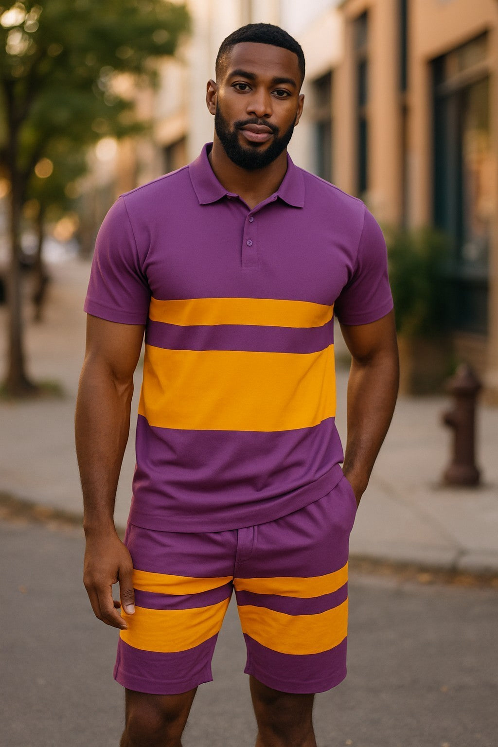 Men's Summer Color Block Pure Casual 2 Piece Cotton Polo Shirt and Shorts Set