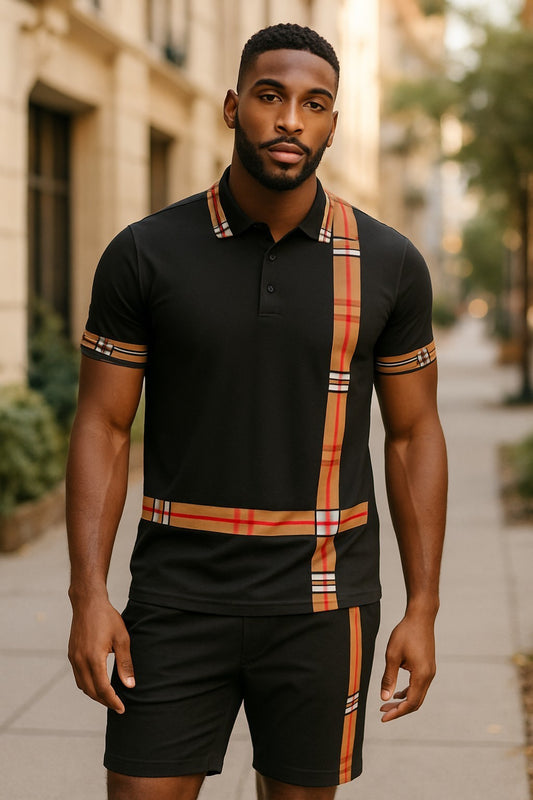 MEN'S 2 PIECE SOLID SUMMER PLAID CHECKER STRIPED CASUAL SHORT SET W/DRAWSTRINGS