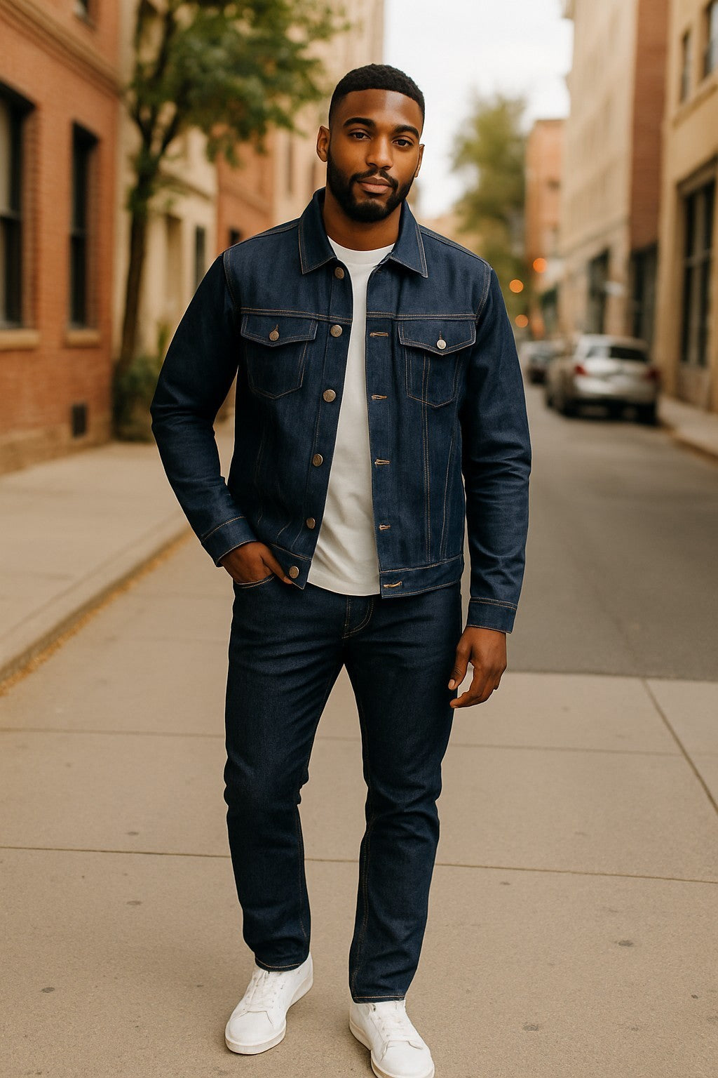 Men 2-Piece Hardcore Unwashed Denim Standard Fitted Jean Suit Jacket & Pants