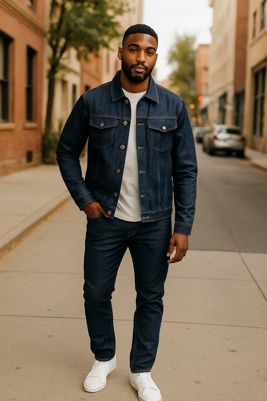 Men 2-Piece Hardcore Unwashed Denim Standard Fitted Jean Suit Jacket & Pants