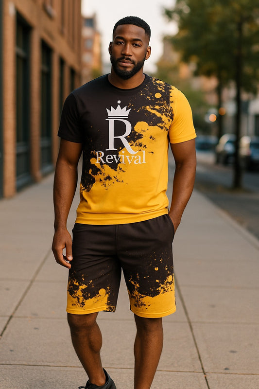 REVIVAL OUTFITTERS EXCLSUIVE GOLD PRINTED SHORT SET DRAWSTRING SML- 3XL