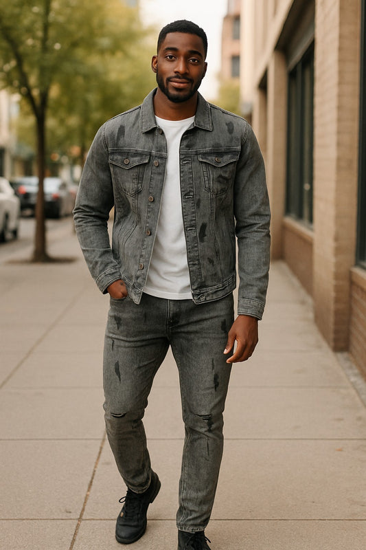 MEN 2-PIECE CLASSIC REPLUSIVE DISTRESSED WASHED SPLASHED SOLID OUTWEAR CASUAL