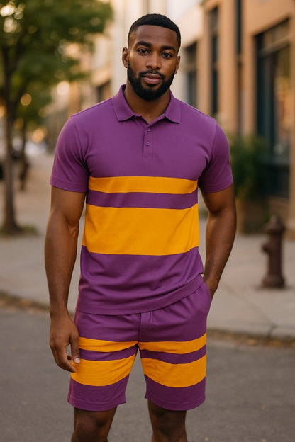 Men's Summer Color Block  Pure Casual 2 Piece Cotton Polo Shirt and Shorts Set