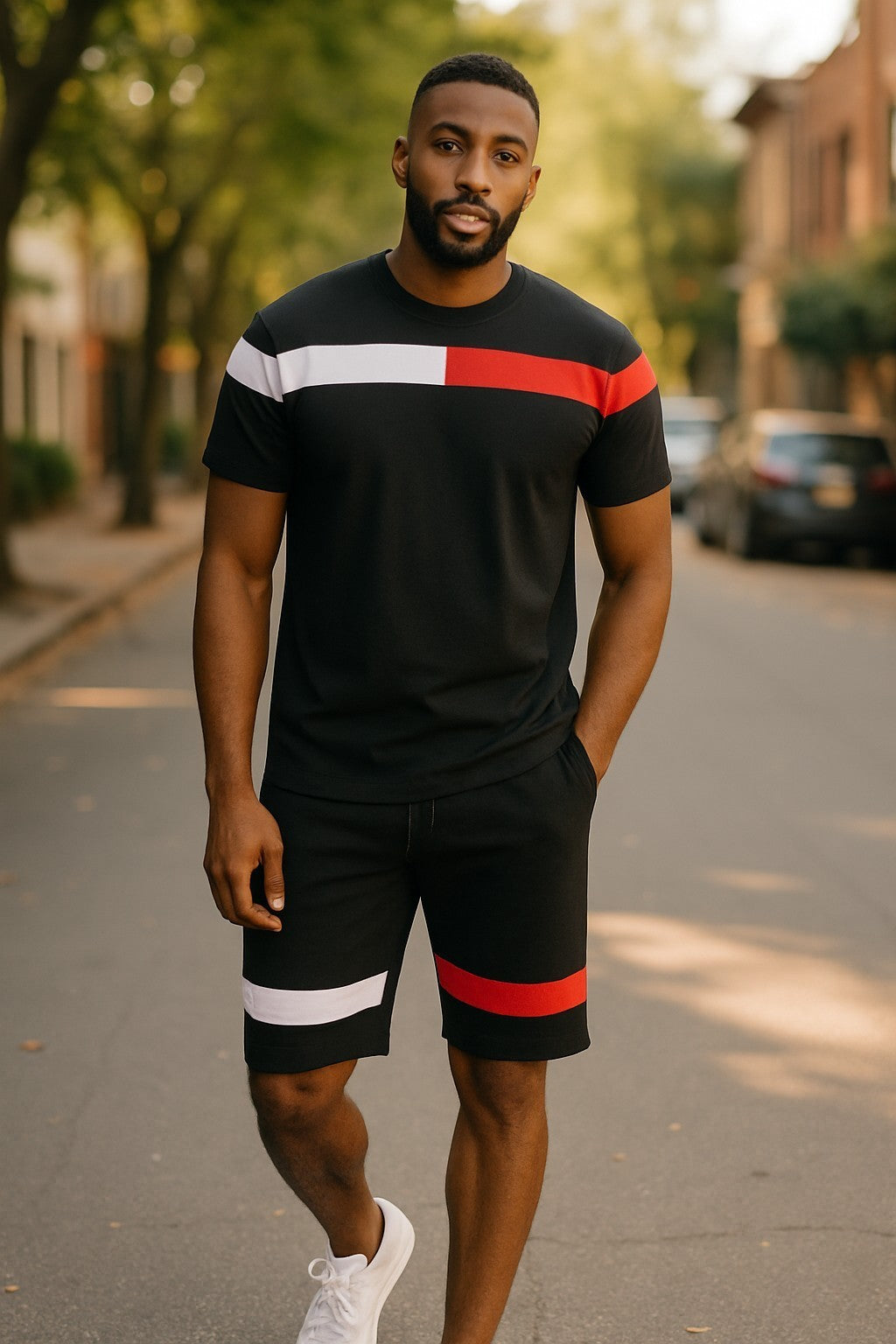 MEN 2 PIECE STRIPED CREW NECK SUMMER SHORT SLEEVE T.SHIRT & SHORT SET (#223)