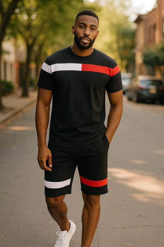 MEN 2 PIECE STRIPED CREW NECK SUMMER SHORT SLEEVE T.SHIRT & SHORT SET (#223)