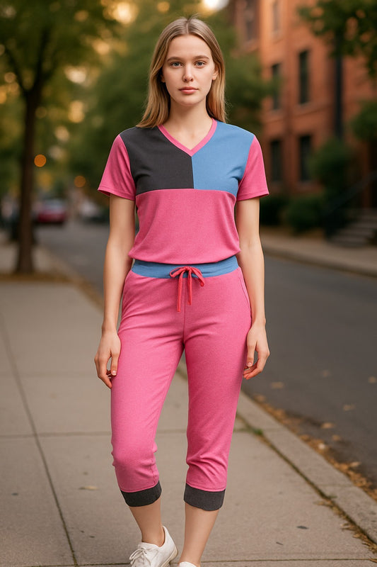 LADIES 2 PIECE CASUAL SUMMER CAPRI SET WITH DRAWSTRING SMALL UPTO 3XL
